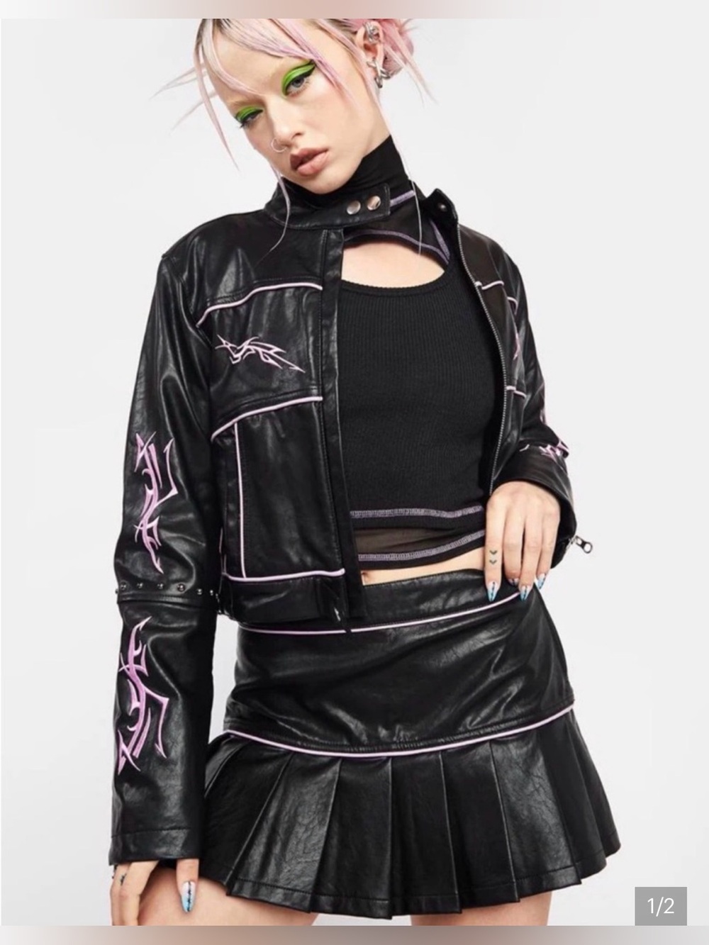 Dollskill motorcycle Black Faux Leather Jacket with Pink Trim